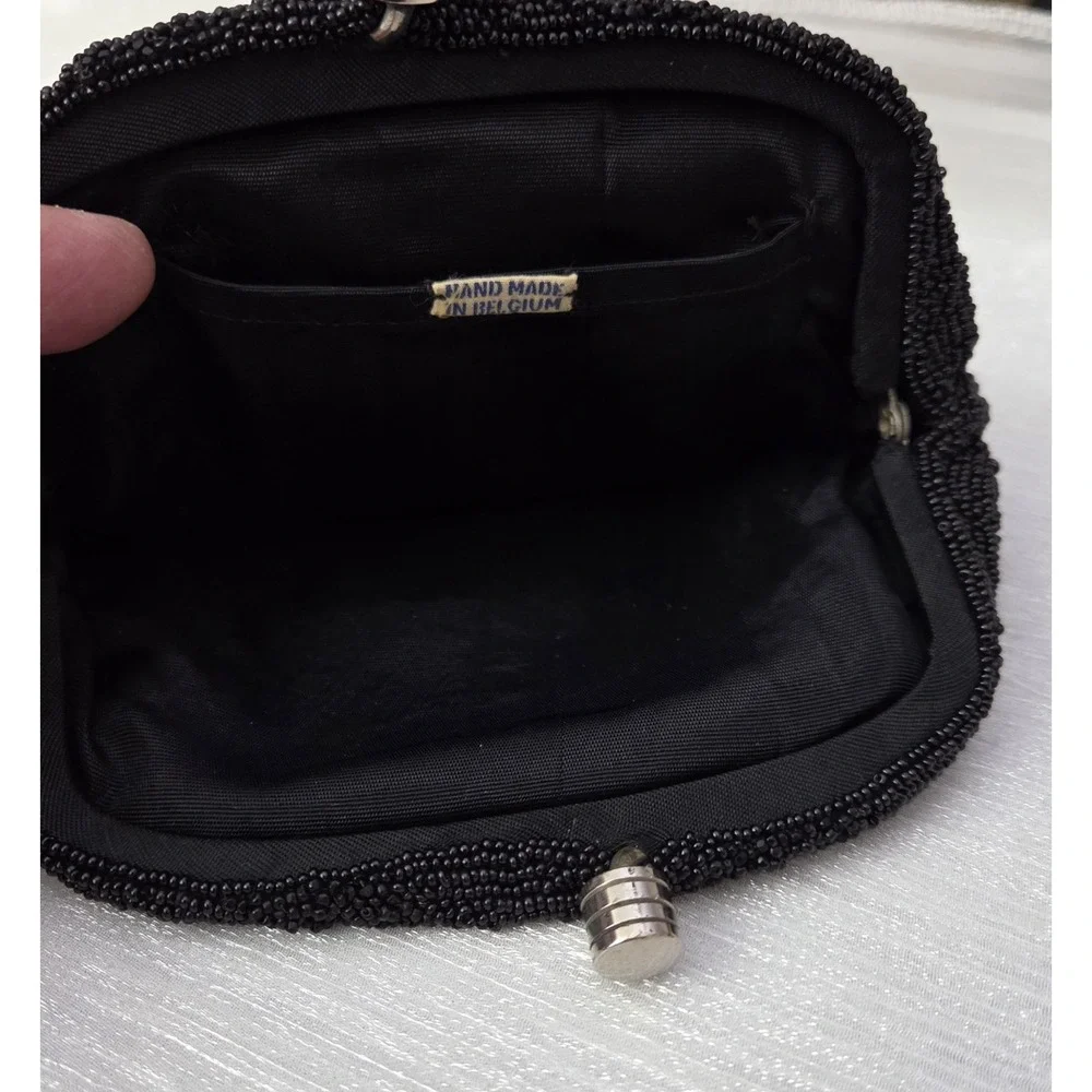 Vintage Black Hand Beaded Evening Bag Purse‎ Clutch Belgium w/ Original Mirror